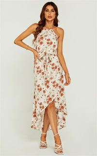 Rose Print Hight Low Spilt Halterneck Tiered Maxi Dress In White