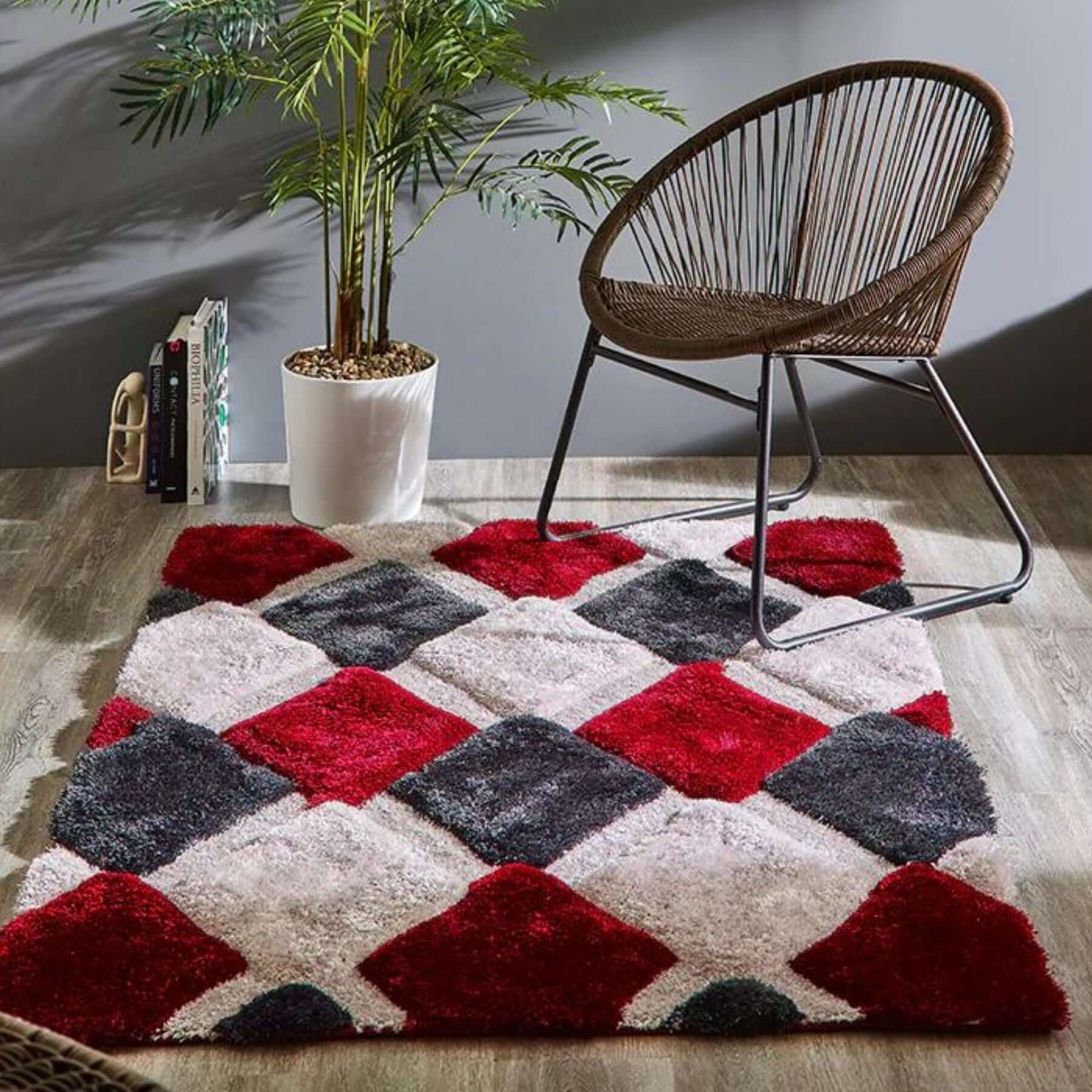 3D Red Geometric Shaggy Rug - Contemporary Luxury for Your Home
