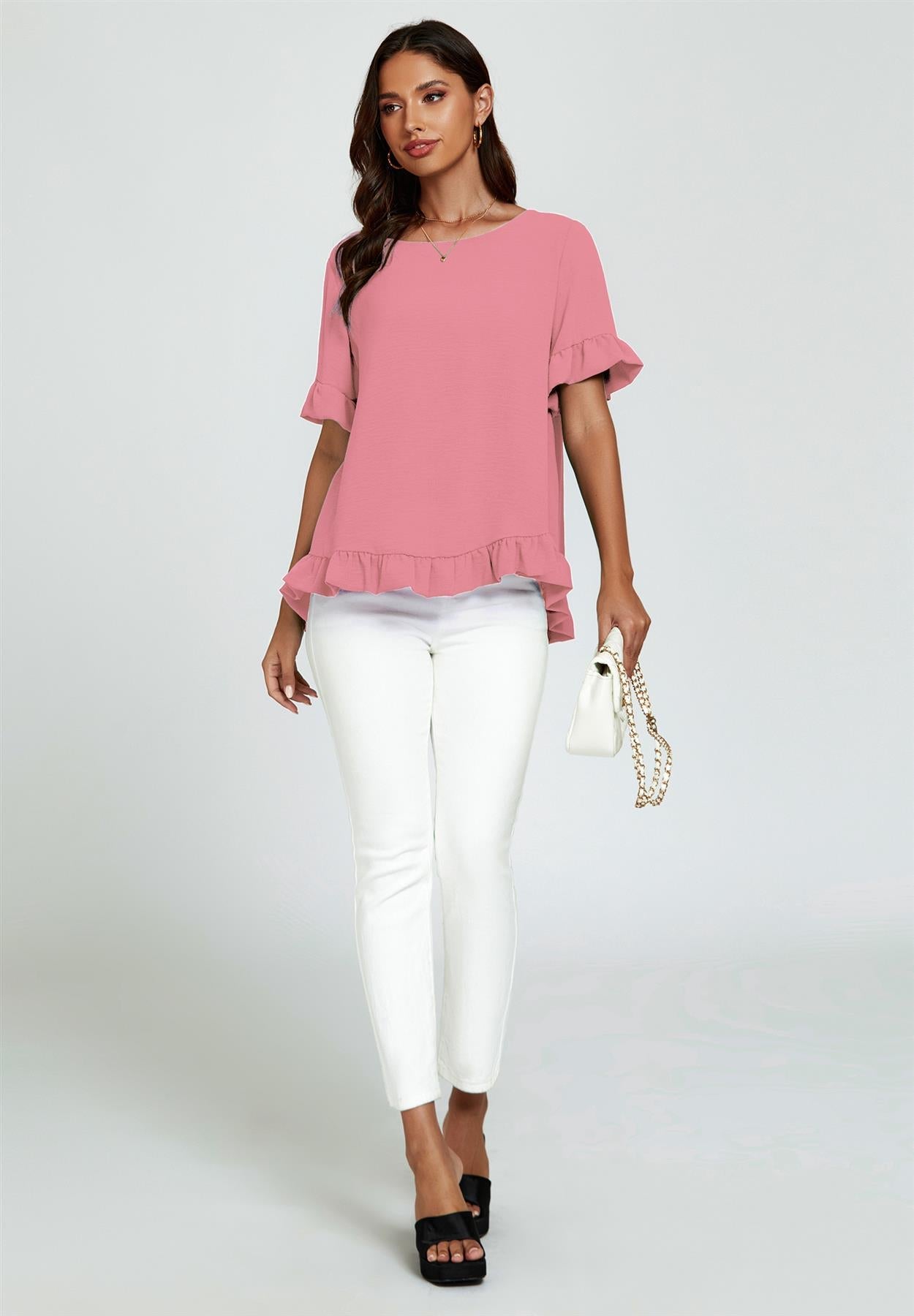 Frill Detail Short Sleeves Top In Powder