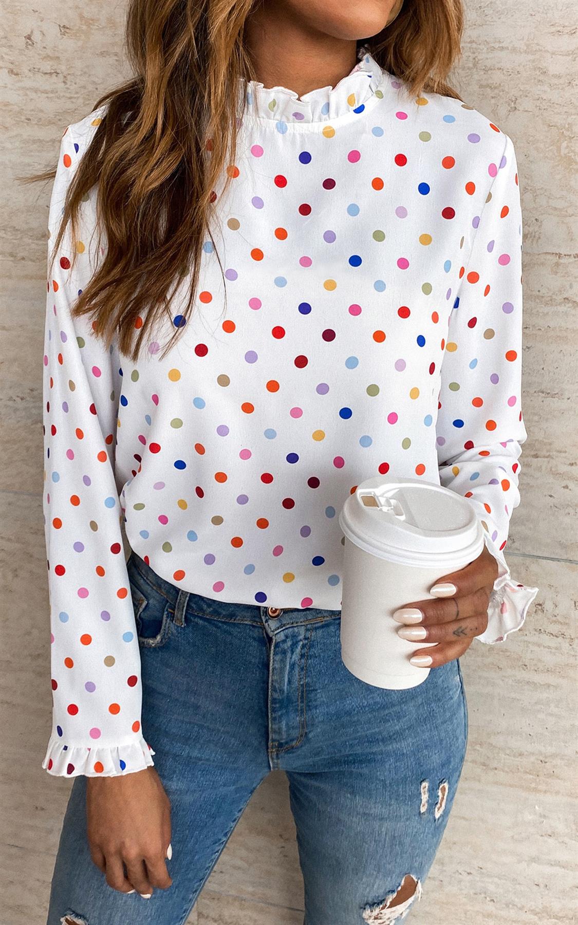 Polka Dot Print Frill Detail High Neck Top In White