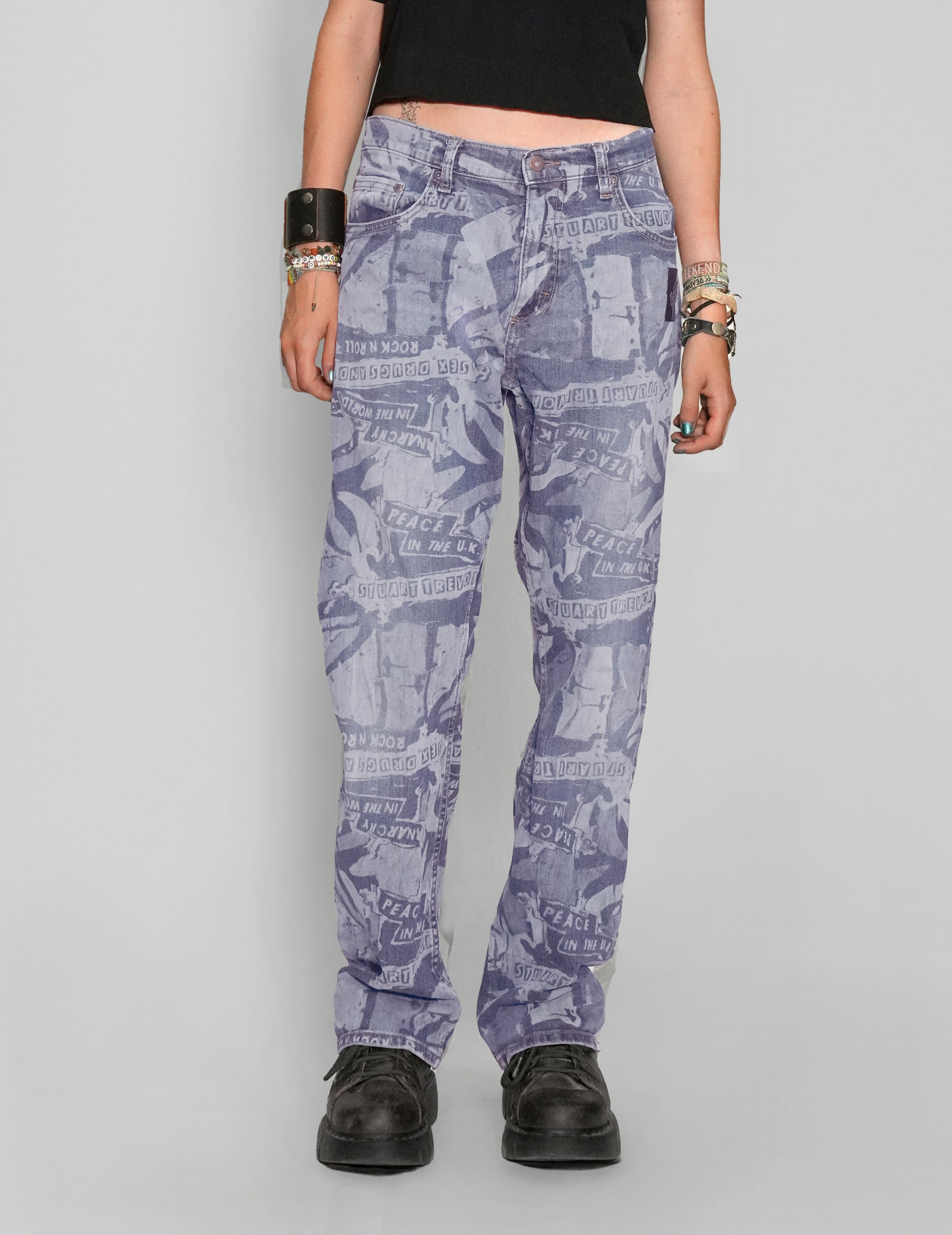 Unique 'Peace' Laser Print Jeans in Light Blue – One-of-a-Kind Vintage Style