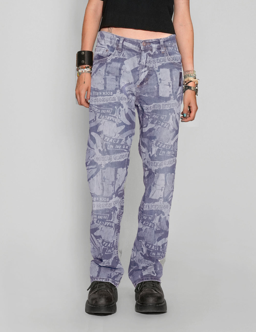 Unique 'Peace' Laser Print Jeans in Light Blue – One-of-a-Kind Vintage Style