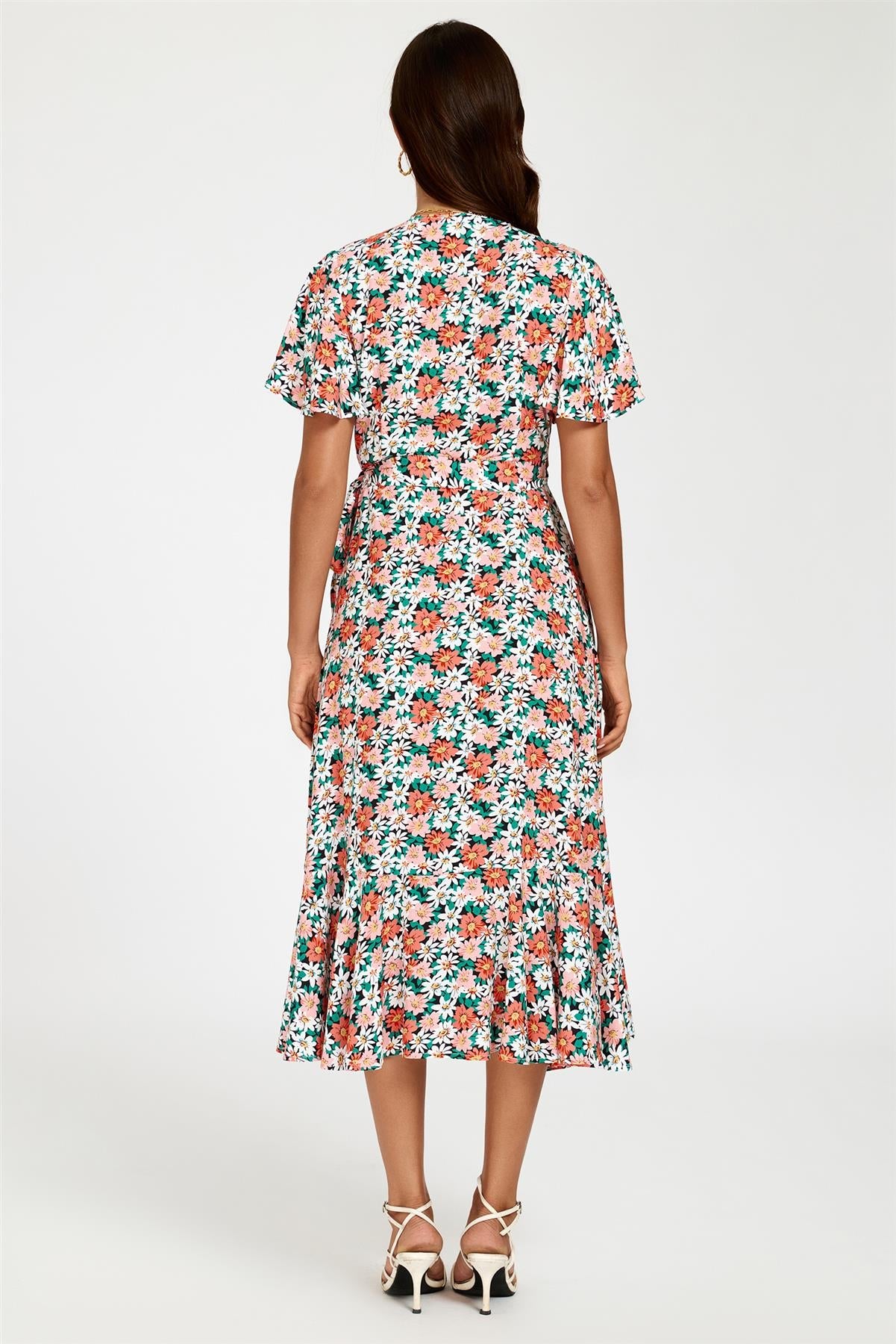 Daisy Print Midi Wrap Dress In Pink