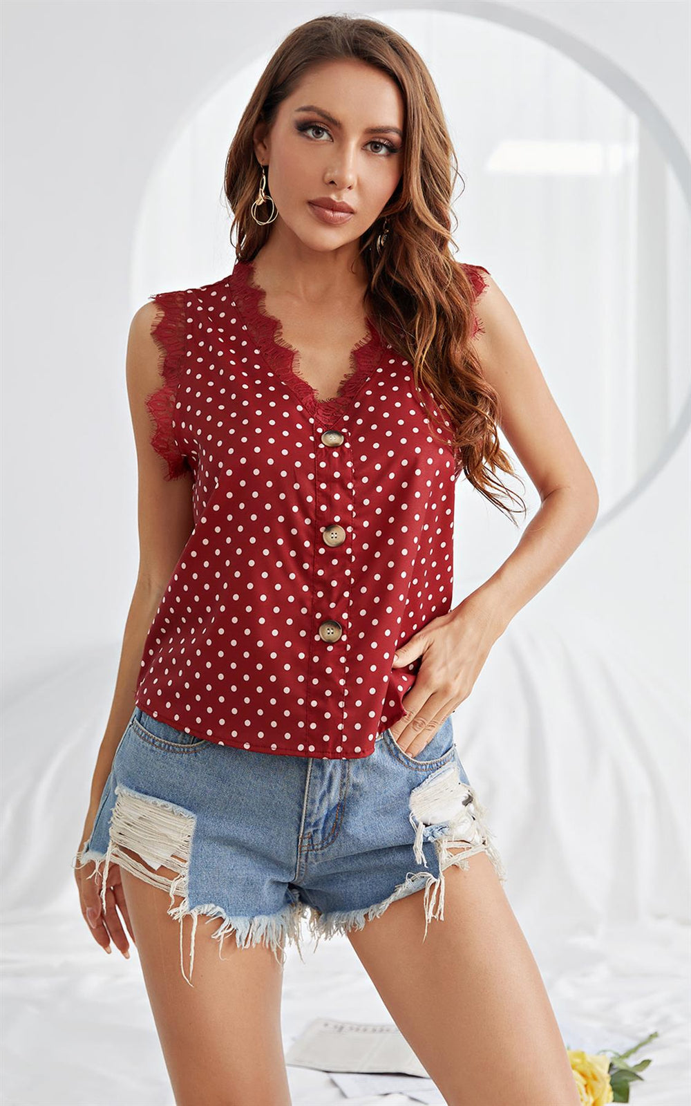 Wine Red White Dot Button Down Lace Trim V Neck Sleeveless Blouse