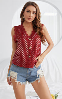 Wine Red White Dot Button Down Lace Trim V Neck Sleeveless Blouse