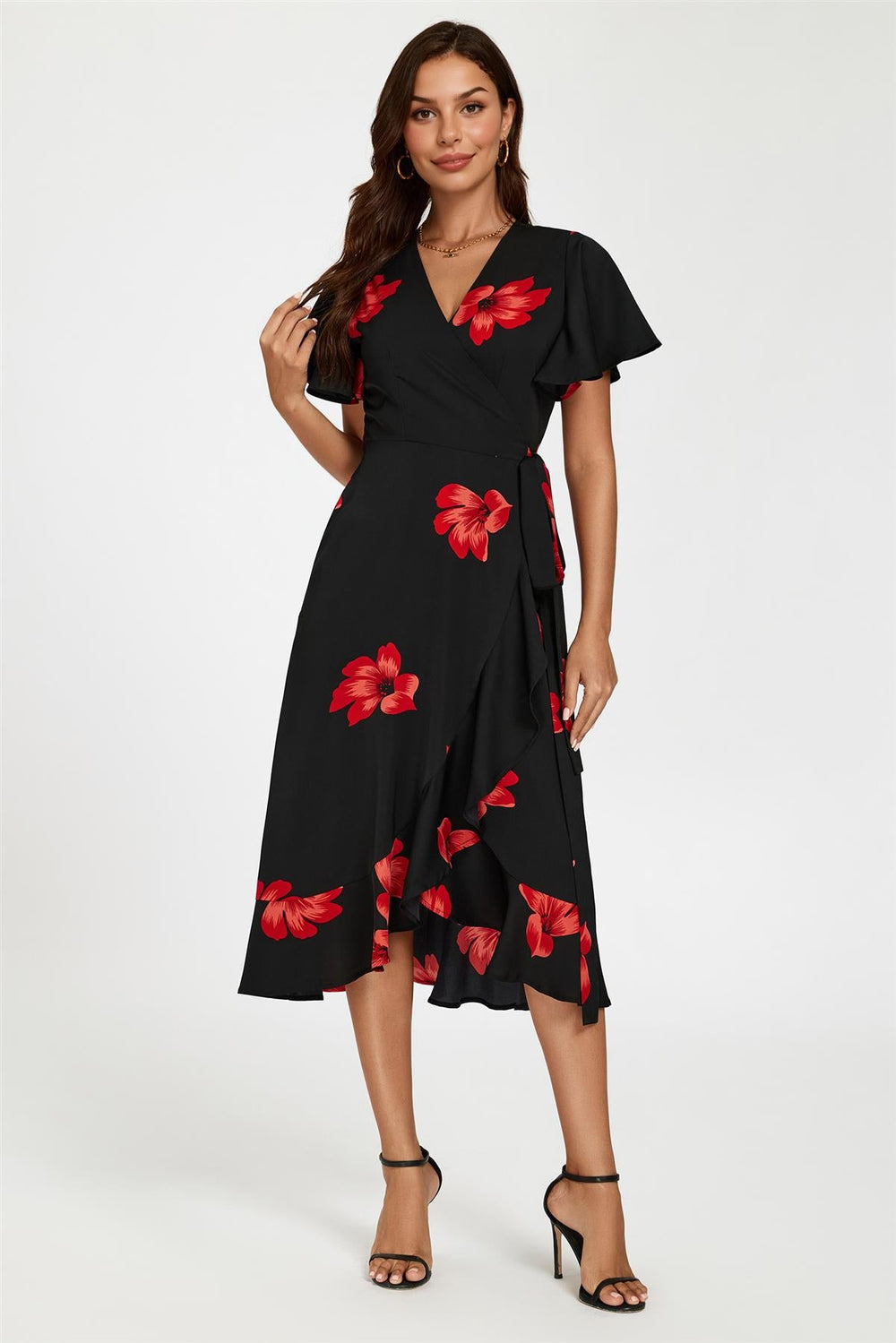 Floral Print Angel Sleeve Wrap Dress In Black