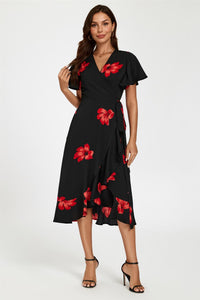 Floral Print Angel Sleeve Wrap Dress In Black