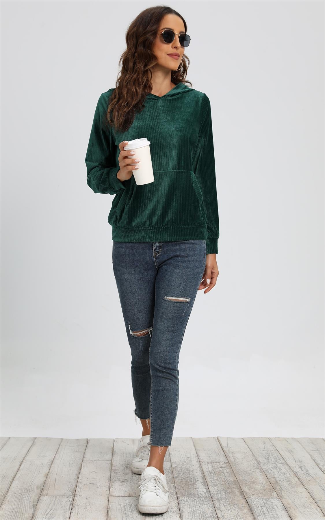 Velvet Hoodie Top With Pocket In Green