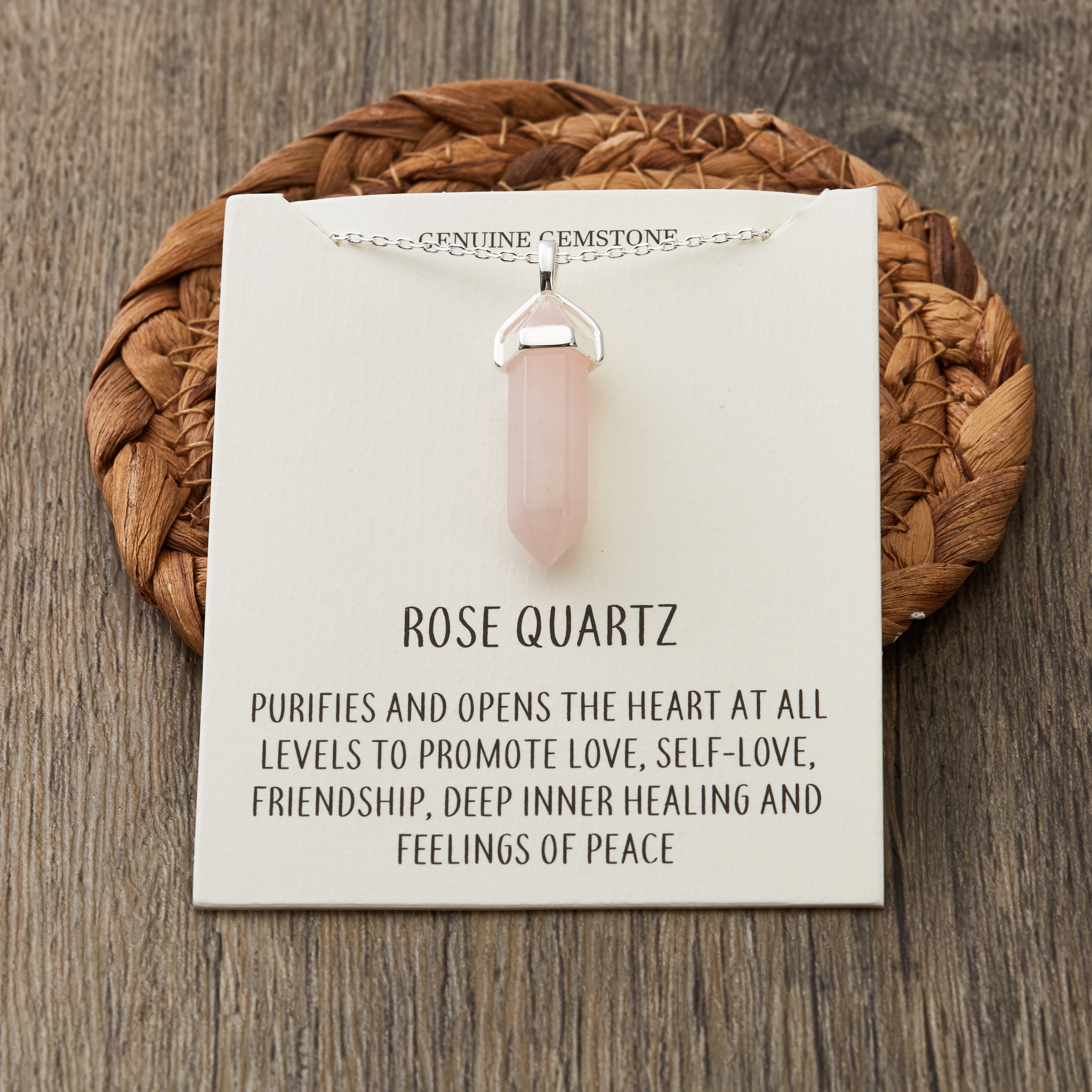 Rose Quartz Gemstone Necklace with Quote Card