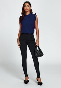 Frill Trim Sleeve Frill Neck Blouse Top In Navy