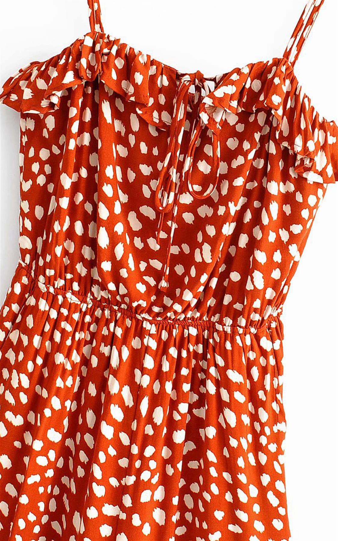Ruffle Detail Jumpsuit In Orange Spot Print