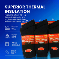 12 Pairs Mens Black Thermal Socks Warm Work Boot Socks Superior Insulation Cold Weather Double Brushed Advanced Knitting Technology Extra Warmth by Heatwave Thermalwear