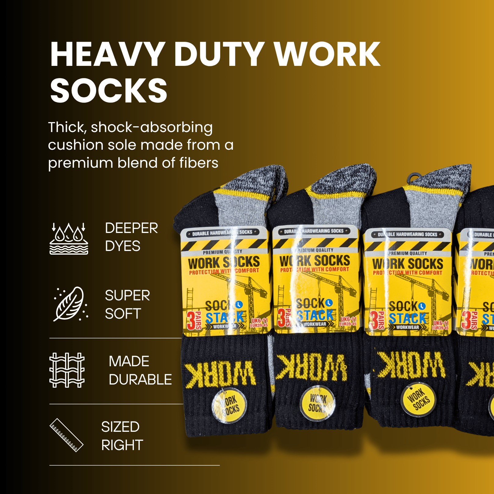 12 Pairs Mens Heavy Duty Work Socks Cushion Sole Reinforced Toe Heel Durable Black Boot Sock for Construction Outdoor Jobs Walking Sizes UK 6-11 EUR 39-45 by Sock Stack