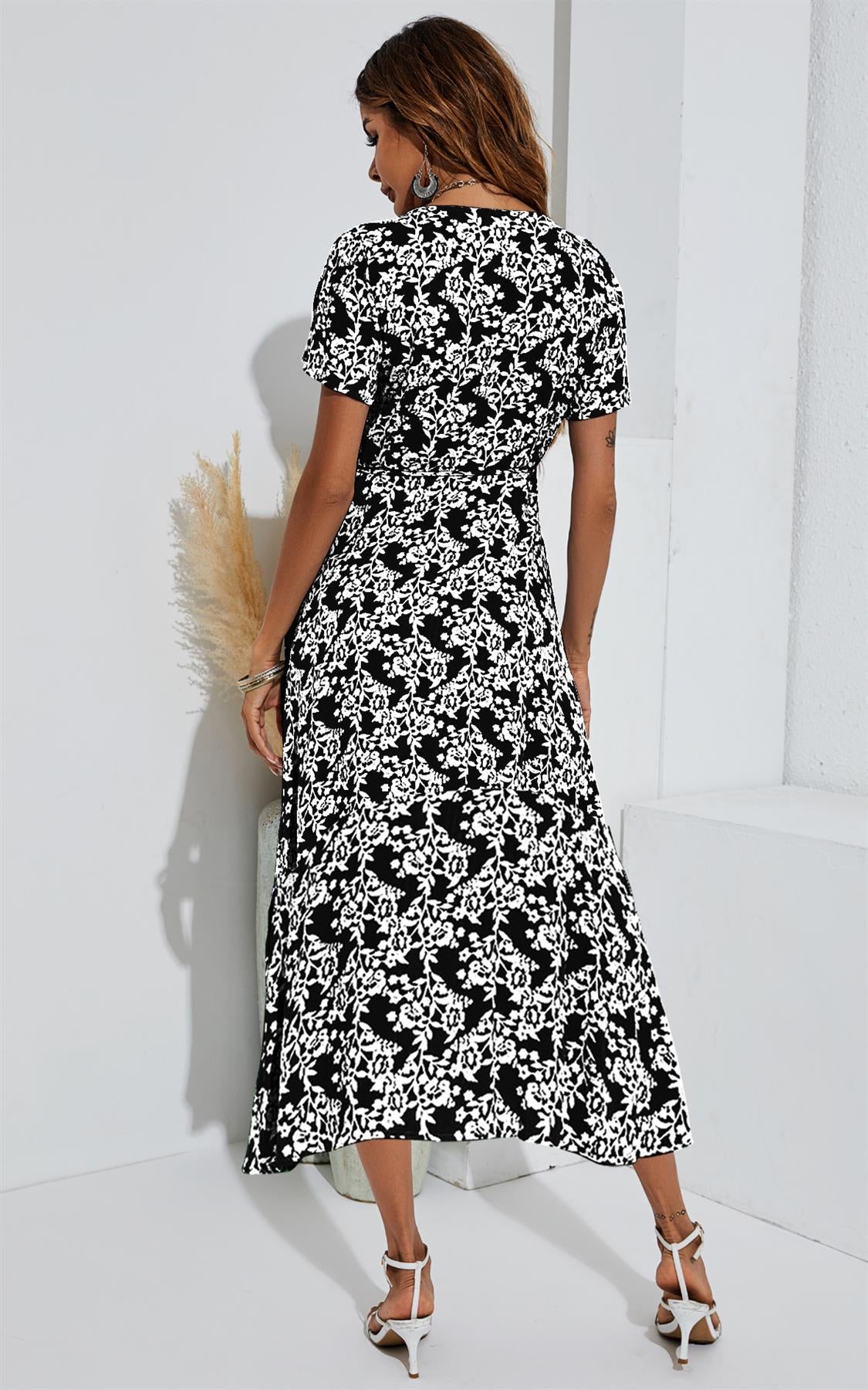 White Floral Print Wrap Midi Dress In Black