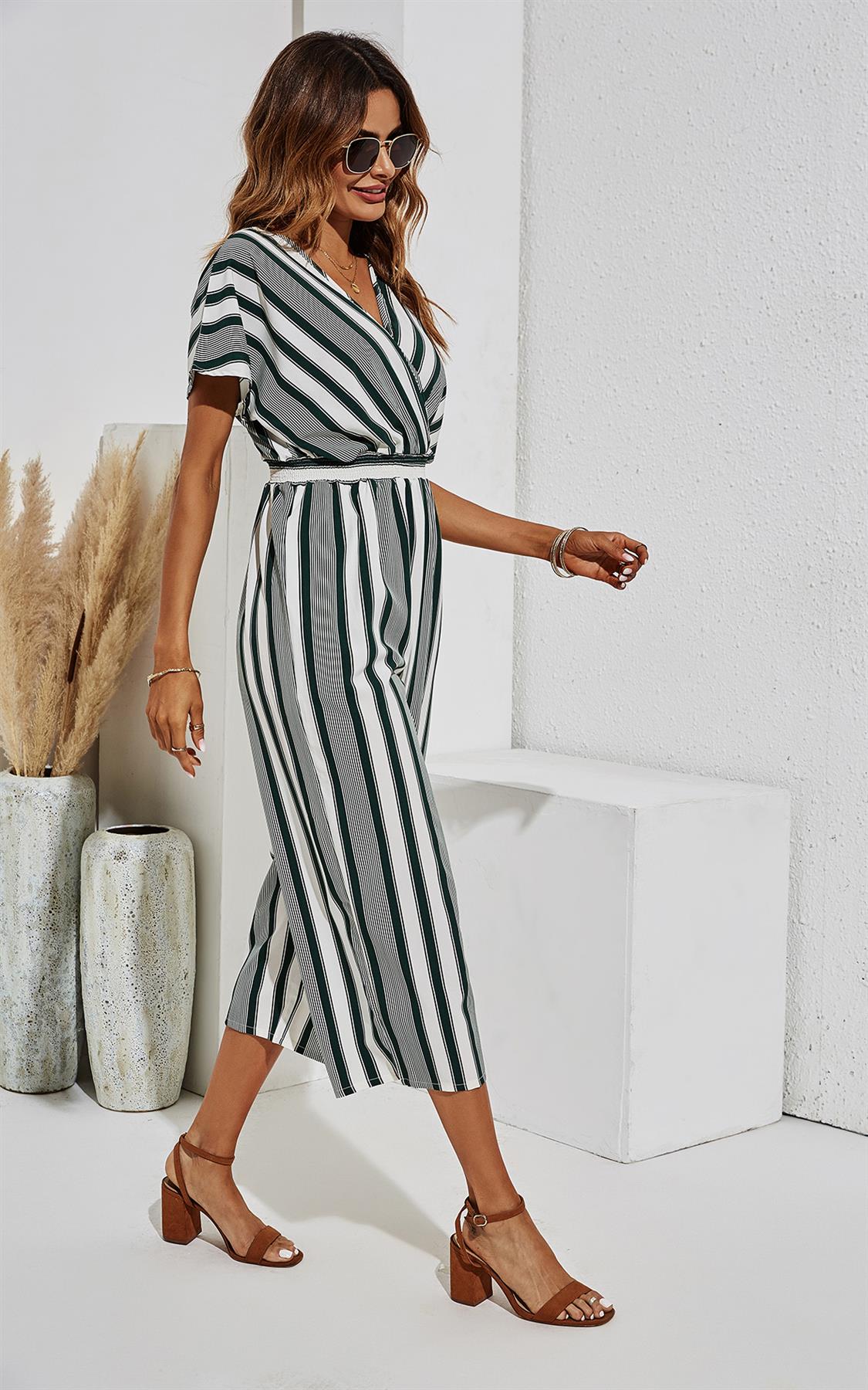 Kimono Sleeve White Stripe Jumpsuit In Dark Green