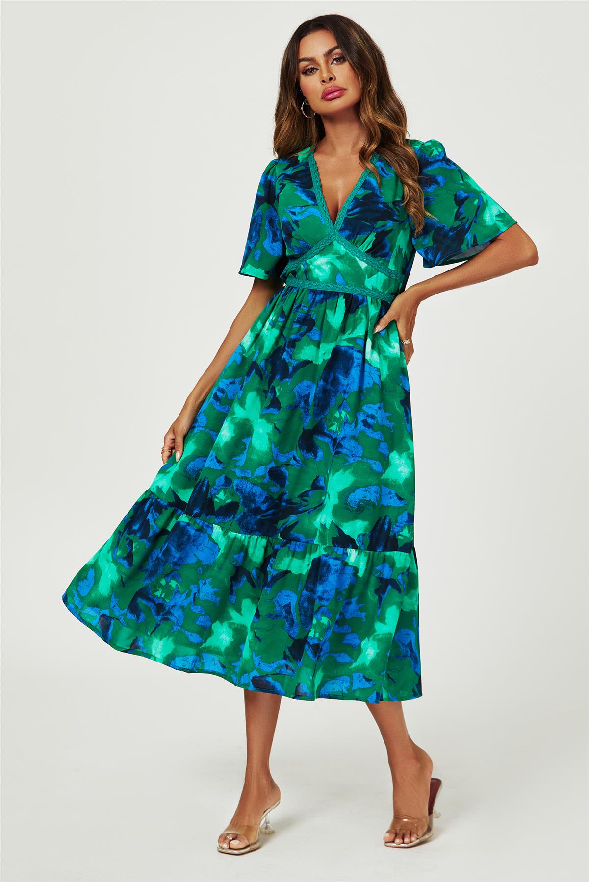 Abstract Floral Print Lace Detail Angel Sleeve Maxi Dress In Green