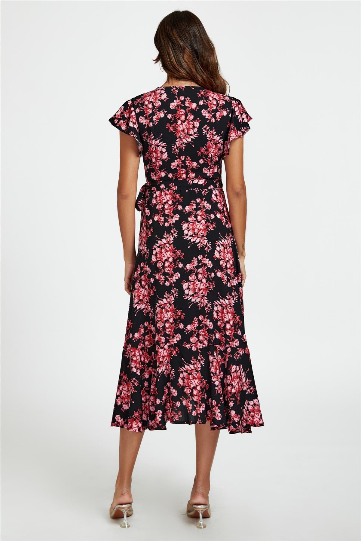 Pink Floral Frill Sleeve Midi Wrap Dress In Black