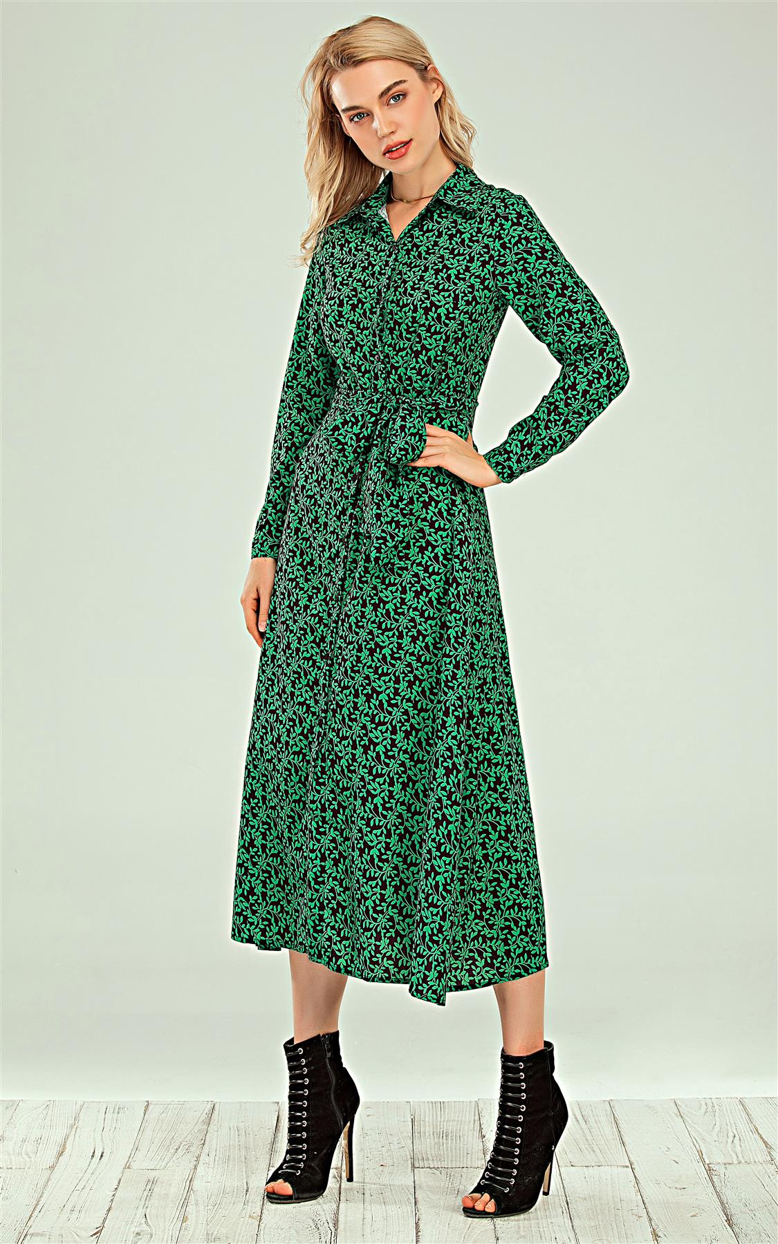 Shirt Midi Dress In Green leaf Print