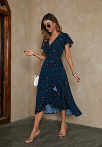 Leopard Print Wrap Hem Midi Dress In Blue