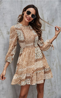 Elasticated detail Mini Dress In Beige Paisley Print
