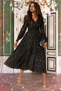Gold Stripe Foil Long Sleeve Maxi Dress In Black