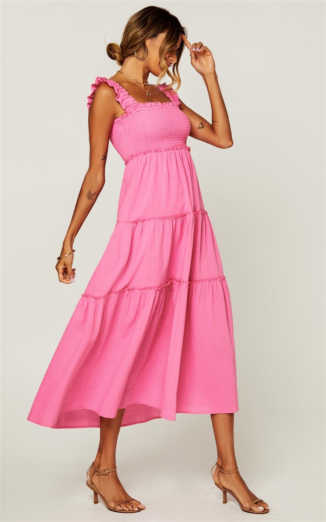 Hem Detail Tiered Maxi Dress In Fuchsia Pink