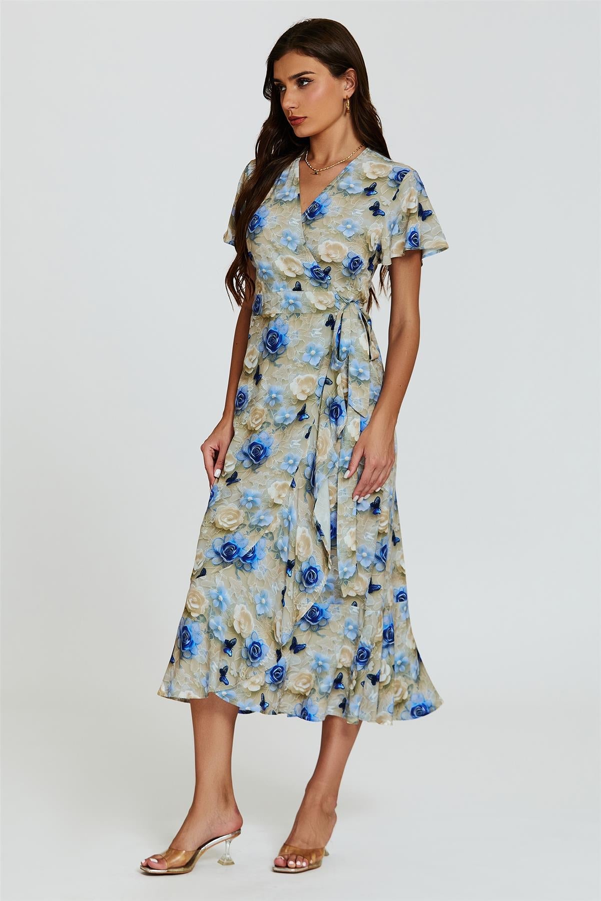 Floral Print Wrap Hem Midi Dress In Beige