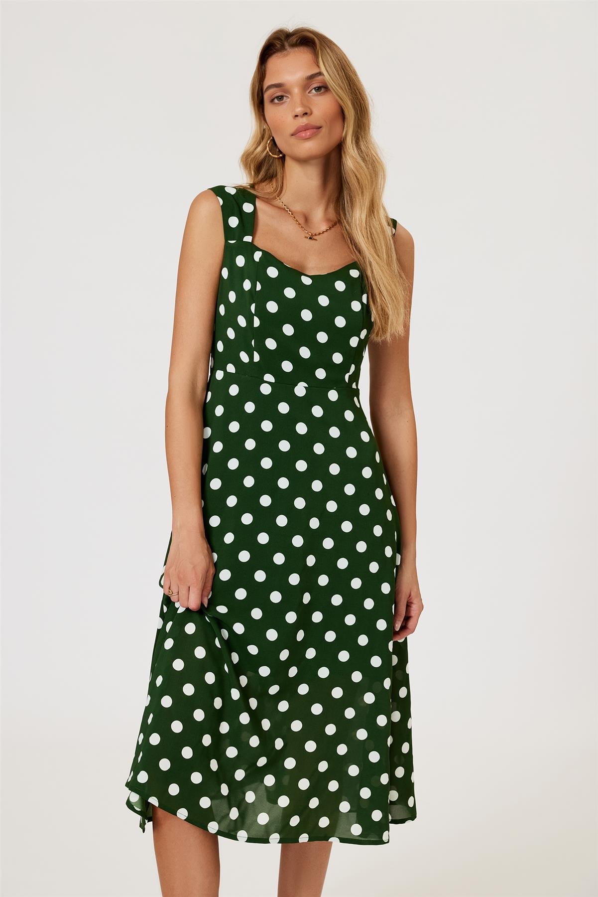 Polka Dot Print Heart Neck Midi Green
