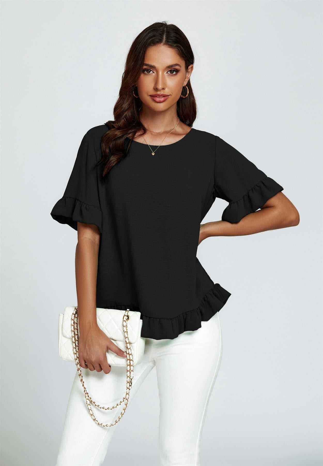 Frill Detail Short Sleeves Top In Black