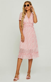 Angel Sleeve Frill Detail V Neck Midi Dress In Pink Flora Print