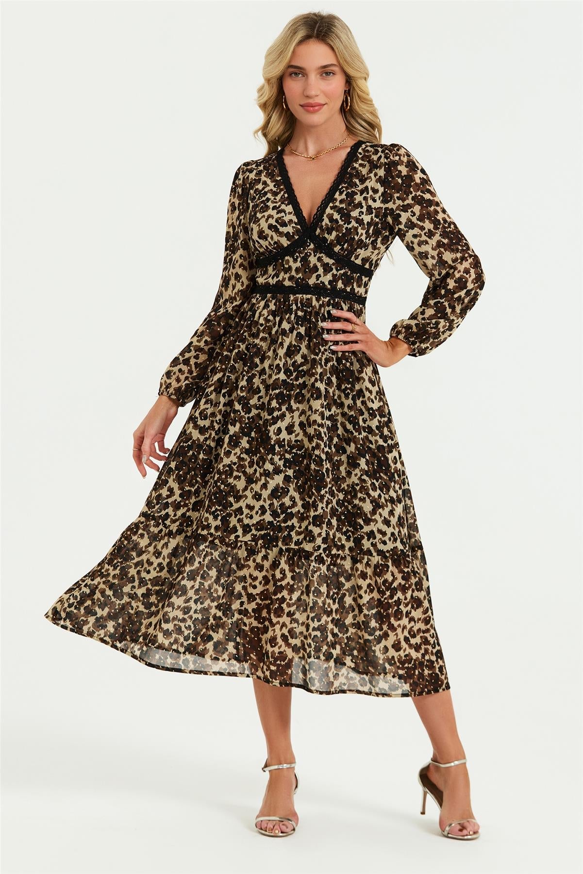 Leopard Print Foil Lace Trim Long Sleeve Maxi Dress In Brown