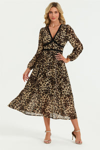 Leopard Print Foil Lace Trim Long Sleeve Maxi Dress In Brown