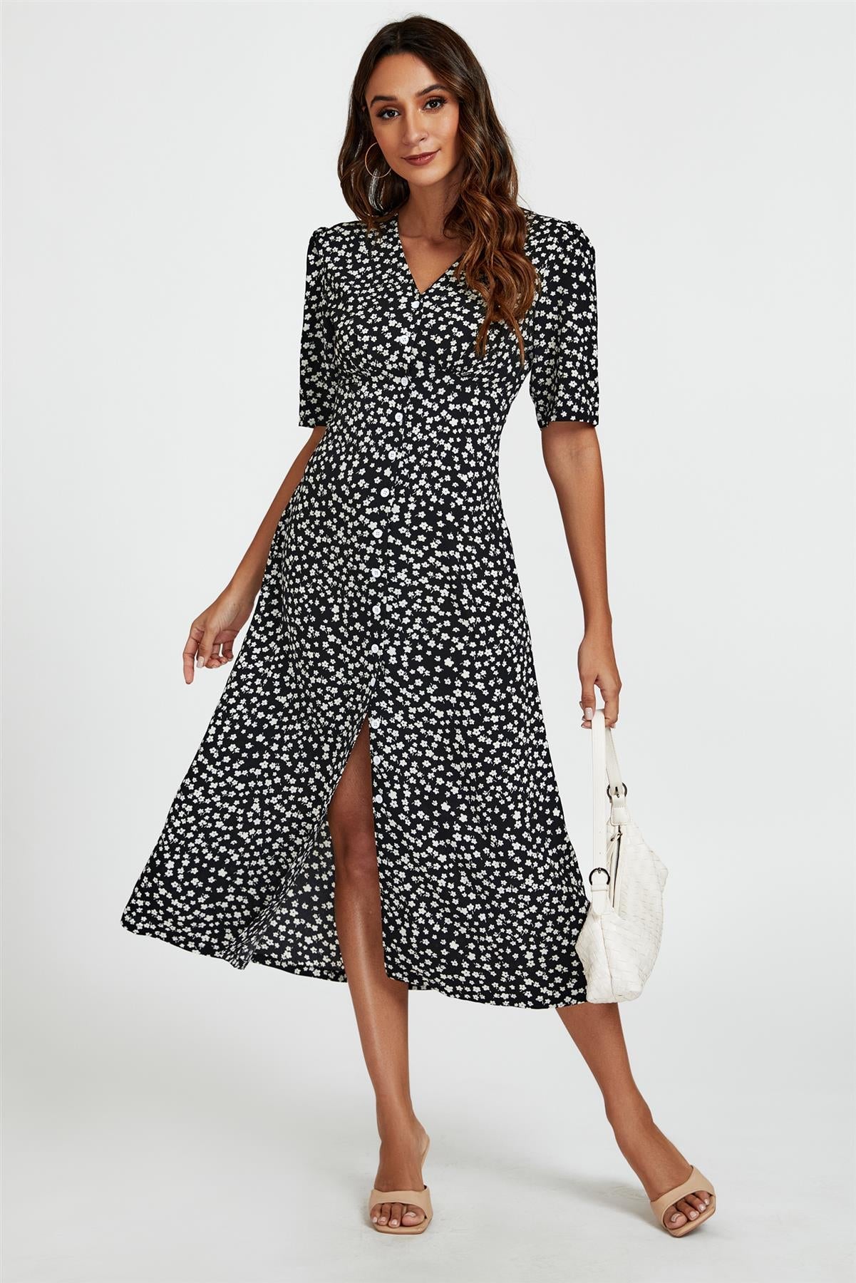 Little Floral Print Button Front Midi Dress In Black