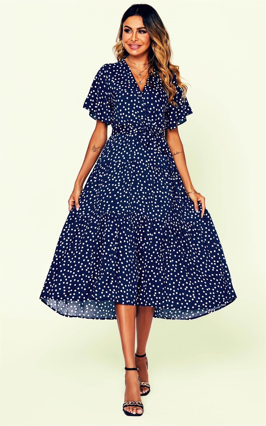 Polka Dot Hem Tiered Wrap Midi Dress In Navy