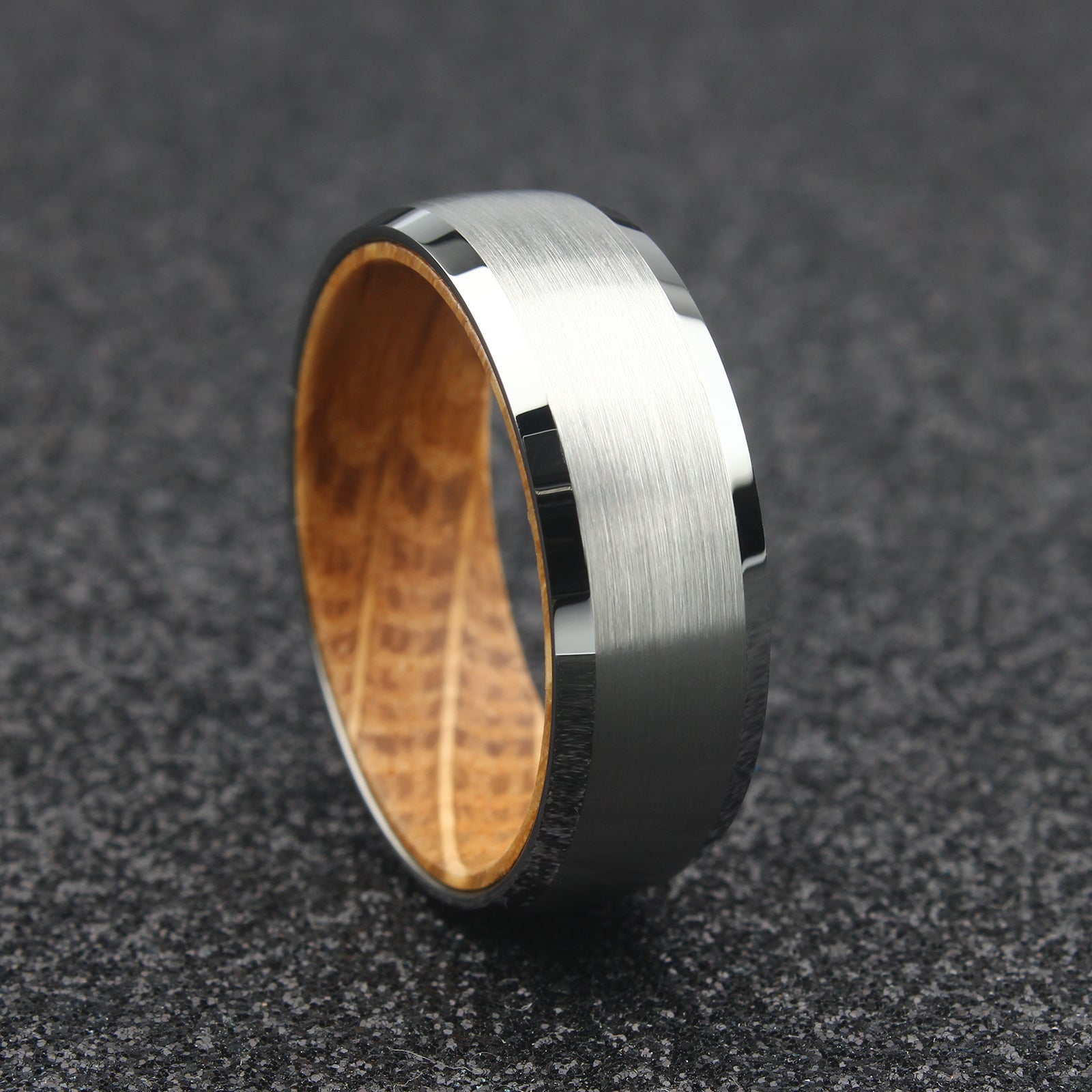 The Draco - 8mm Brushed Tungsten Bevelled Edge & Whisky Barrel Wood Ring
