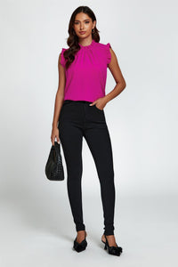 Frill Trim Sleeve Frill Neck Blouse Top In Magenta