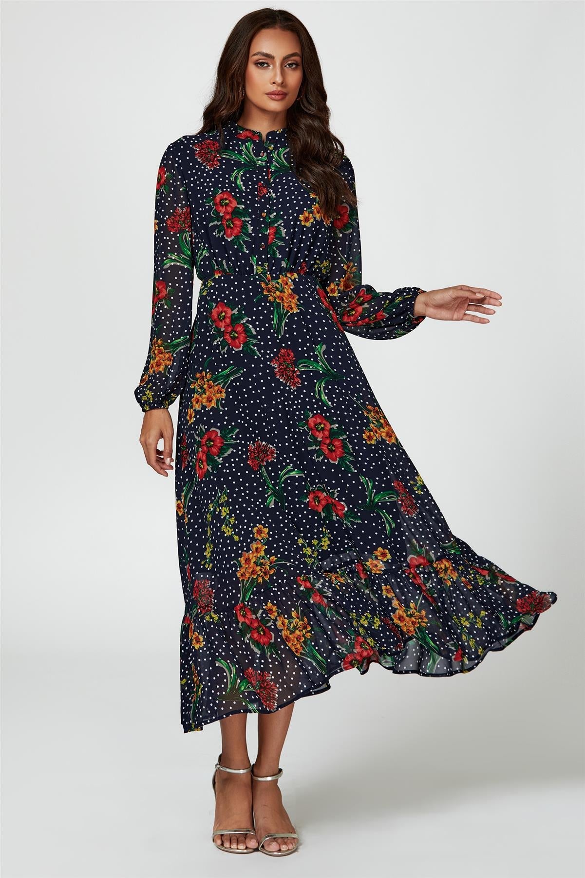 Floral Dot Print Maxi Dress In Navy