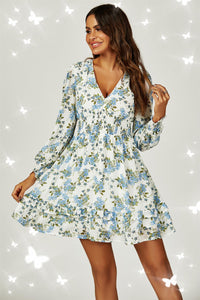 Floral Print ruffle Hem long sleeve Mini Dress In White
