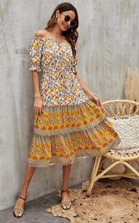 Boho Floral Print Bardot dress In Yellow