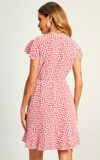 Little Floral Print Hem Mini Wrap Dress In Red