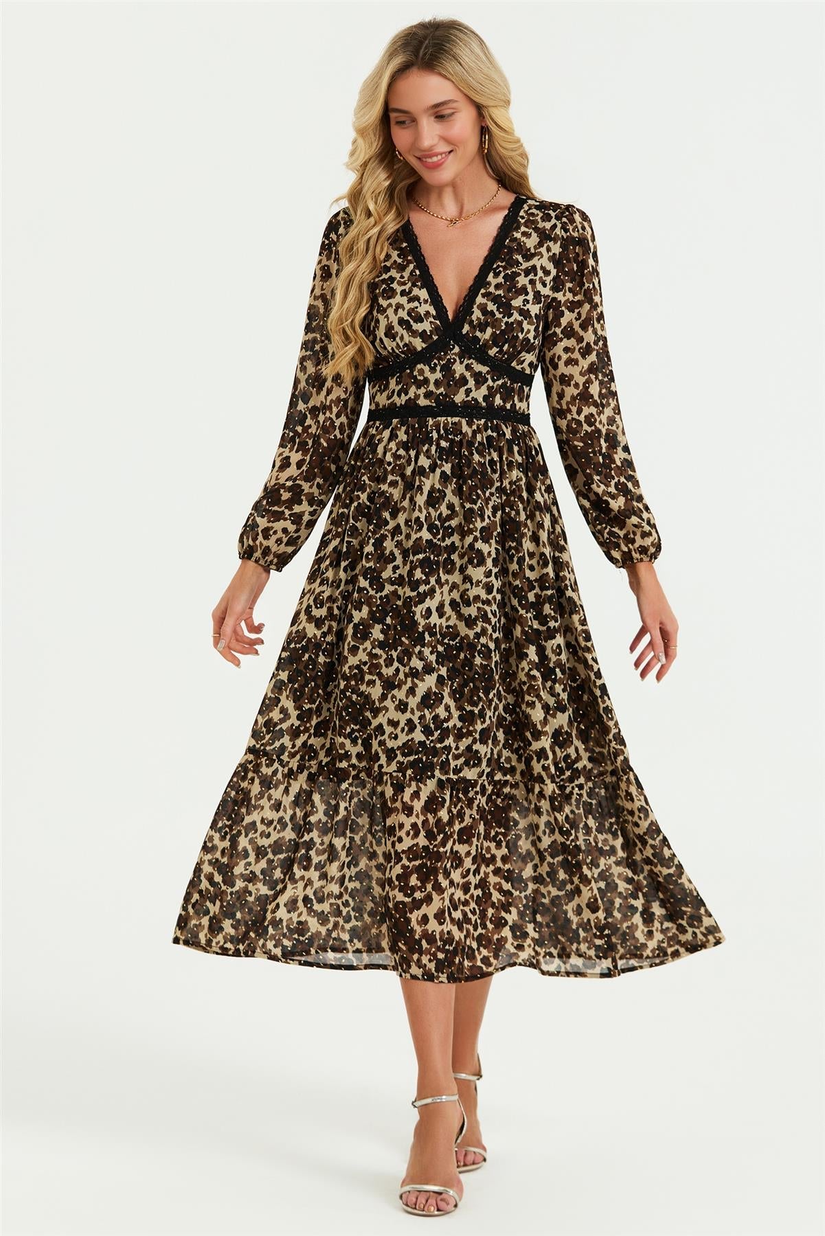 Leopard Print Foil Lace Trim Long Sleeve Maxi Dress In Brown