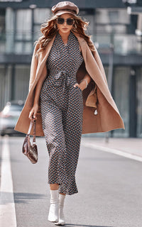 Belted Wrap Jumpsuit In Navy Mix Printed