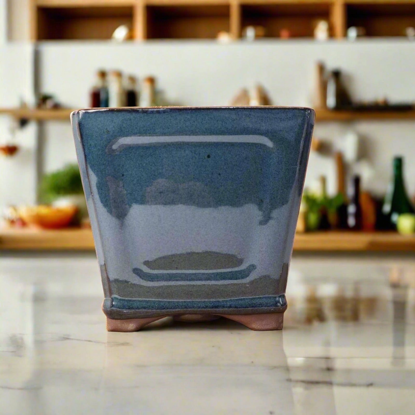 14cm Glazed Cascade Bonsai Pot | Square | 14cm x 14cm x 13cm | Blue