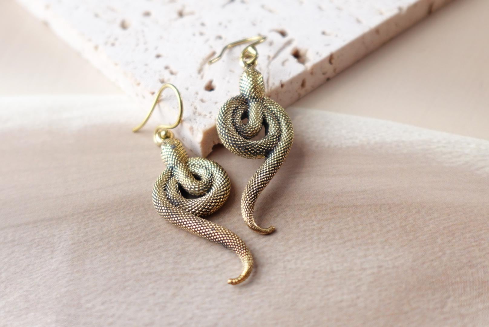 Venom Luxe Drops - Snake-Shaped Brass Dangles in Antique Silver-Gold Finish.
