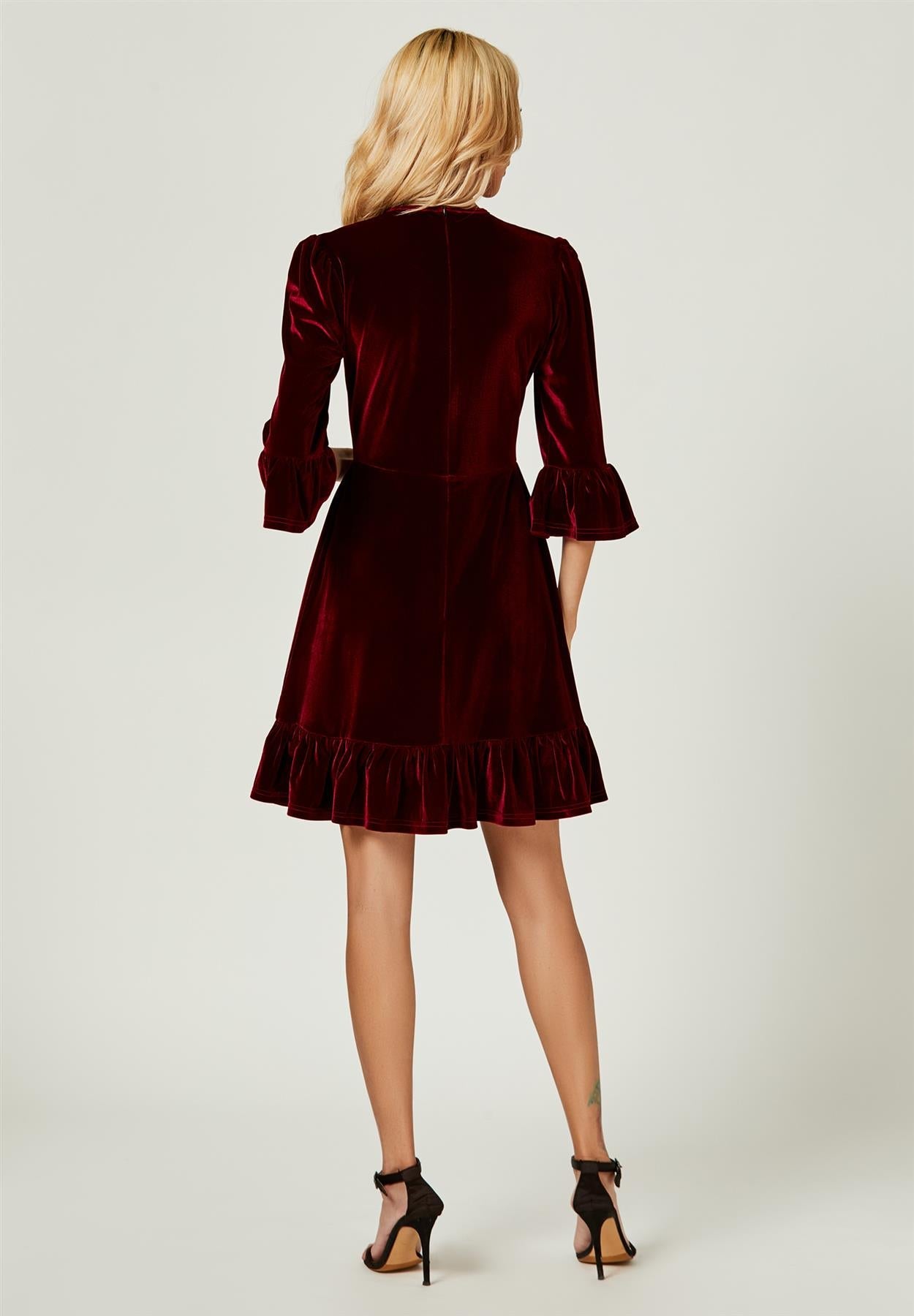 Velvet Frill Detail Mini Dress In Wine