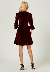 Velvet Frill Detail Mini Dress In Wine