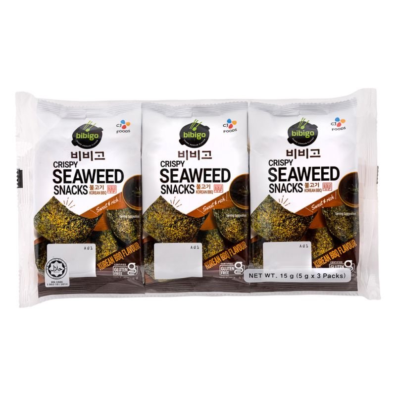 CJ BIBIGO Crispy Seaweed Snacks Sesame Korean BBQ Flavour 3x5g