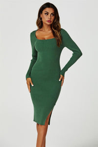 Long sleeved Knit Midi Dress In Dark Green
