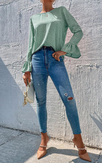 Polka Dot Frill Detail Cuff Top In Green