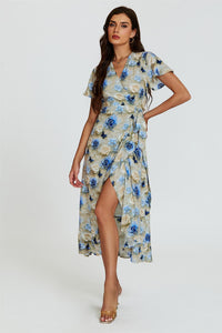 Floral Print Wrap Hem Midi Dress In Beige